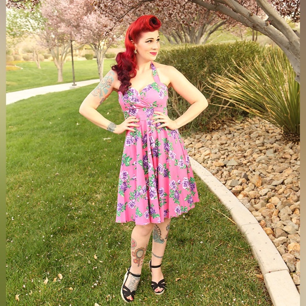 Pink floral halter pinup dress brand new